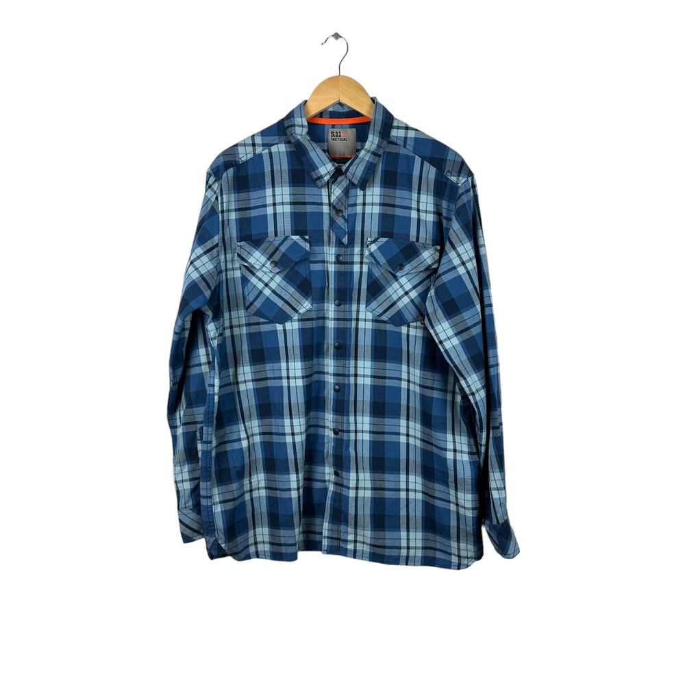 5.11 Tactical Mena Peak Long Sleeve Shirt Blue Plaid Size Large Snap Buttons